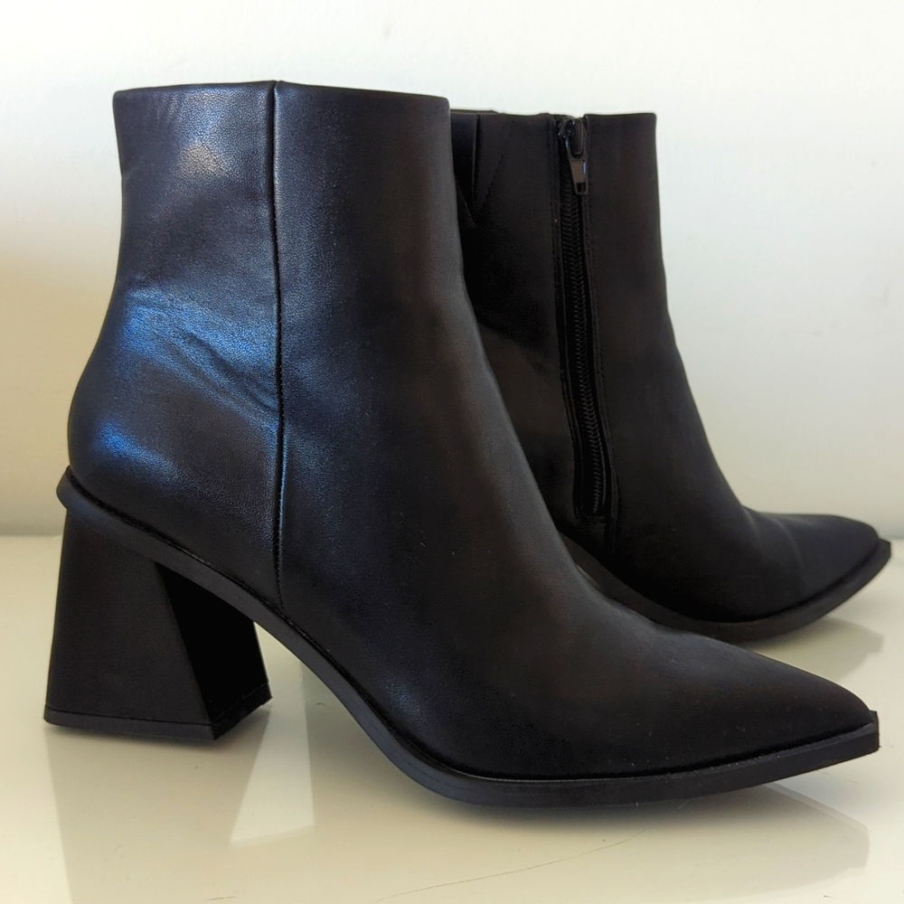 Black leather block heel booties with pointed toe
